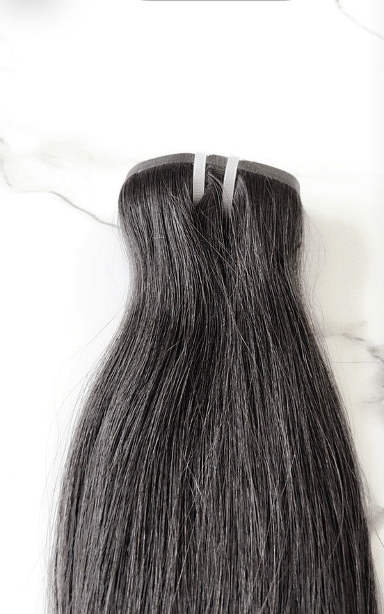 Virgin Straight Clip-In hair extensions — steamed straight texture, human hair with intact cuticles, seamless blend, color 1B | Too Raw Hair