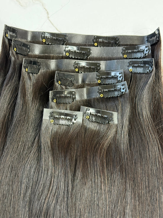 Virgin Straight Clip-In hair extensions — steamed straight texture, human hair with intact cuticles, seamless blend, color 1B | Too Raw Hair